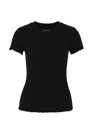 Camiseta negra de manga corta con cuello redondo y bordes con volantes. El tejido parece suave y tiene un diseño ajustado.