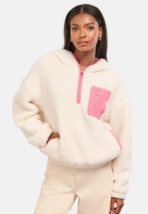 Cremefarbener Fleece-Pullover-Hoodie mit pinker Halbzipper-Front und Reißverschluss-Tasche. Bietet eine weiche Textur und eine lockere Passform mit langen Ärmeln.
