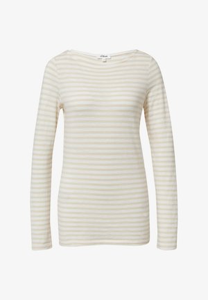 Ilgų rankovių marškinėliai kreminės spalvos su subtiliais bežiniais dryžiais, iš minkštos medvilnės, su apvalia iškirpte ir laisvu siluetu.