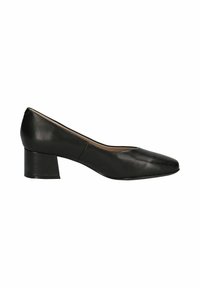 Black leather block-heeled pump with a pointed toe and smooth texture, featuring a modest heel height and minimalistic design.
