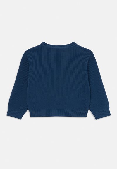 Εμπριμέ ναυτικό μπλε πλεχτό πουλόβερ με μακρύ μανίκι, με ραμμένα μανίκια, στρίφωμα και λαιμόκοψη, εμφανίζεται από πίσω σε λευκό φόντο.