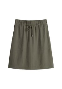 Olive green A-line skirt with an elastic waistband and thin drawstring tie, featuring two large front patch pockets.