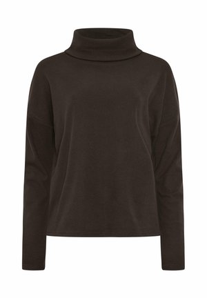 Tummanruskea pitkähihainen pooloneule rennolla istuvuudella ja hieman lasketuilla hartioilla, esitetty valkoisella taustalla.