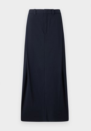 Jupe longue bleu marine en tissu tissé, avec une coupe droite, des passants de ceinture et une fermeture éclair dissimulée. Lignes épurées et design minimal.
