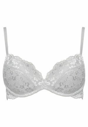 Sutien din dantelă în gri deschis, cu suport prin arcuri, bretele ajustabile, modele florale și margini ondulate. Textură moale și detalii intricate.