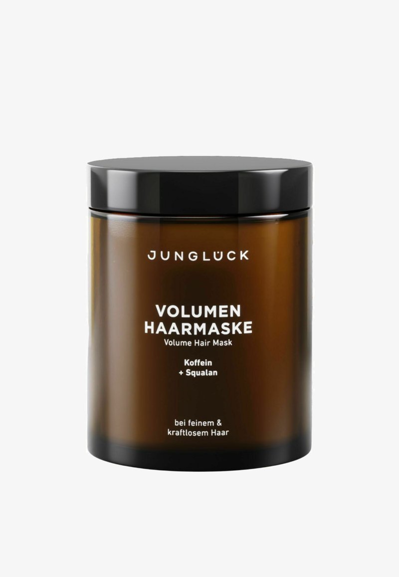 Braunes Glasgefäß mit einem schwarzen Deckel, beschriftet mit "VOLMEN HAARMASKE." Enthält die Inhaltsstoffe "Koffein + Squalan" für feines, schlaffes Haar.