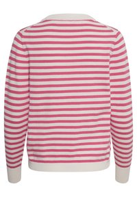 Strikket sweater med horisontale rosa og hvide striber, ribbet krave og manchetter, standard pasform og slidser i kanten.