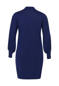 Robe en tricot bleu marine avec un col, manches texturées et une silhouette ajustée. Corps lisse avec des poignets en côtes.