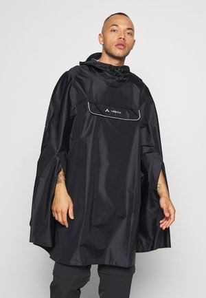 Black poncho with a hood, made of waterproof material. Features a front pocket and reflective trim. Slightly oversized design for comfort.