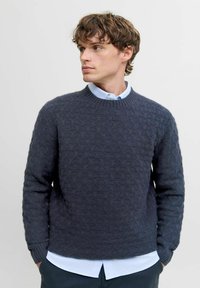 Moški s kodrasto frizuro, oblečen v temno teksturirano pulover, ki ga nosi preko svetlo modre srajce s ovratnikom, z rokami v žepih, ki gleda na stran pred enobarvno ozadje.