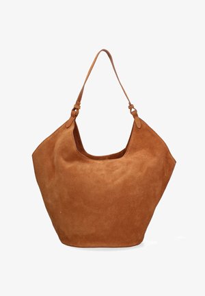 Braune Wildlederhandtasche mit einer breiten, lässigen Form, einem einzelnen Ledergriff und minimalistischem Design. Glatte Textur und keine sichtbaren Beschläge.