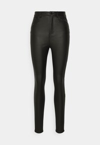 Svarta faux läder skinny jeans med hög midja, slankt design, framfickor och dragkedja. Slät textur med en glansig finish.