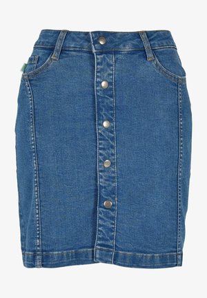 Džinsinė sijonas su priekyje esančiu mygtukų uždarymu, prigludusiu dizainu, šviesiai mėlyna spalva ir subtiliais siuvinėjimo akcentais.