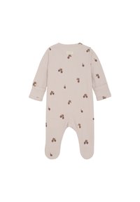 Ribbade beige babybody med mjuk textur, med ett upprepande mönster av små körsbär och en rund halsringning. Manchetter vid ärmarna och fotsydd design.