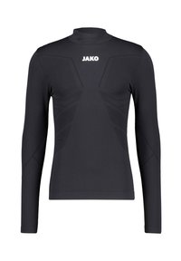 Schwarzes langärmeliges Sportoberteil aus elastischem Material. Verfügt über einen hohen Kragen und ein strukturiertes Muster an Schultern und Seiten. JAKO-Logo in Weiß.