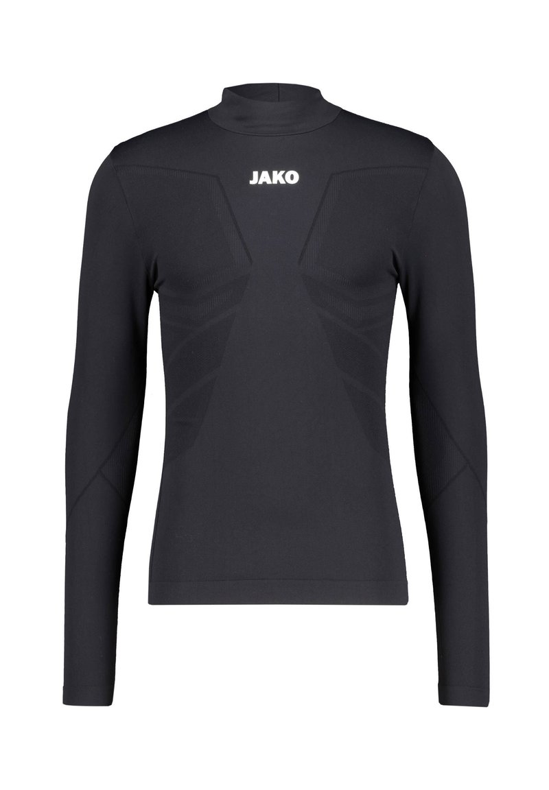 Schwarzes langärmeliges Sportoberteil aus elastischem Material. Verfügt über einen hohen Kragen und ein strukturiertes Muster an Schultern und Seiten. JAKO-Logo in Weiß.