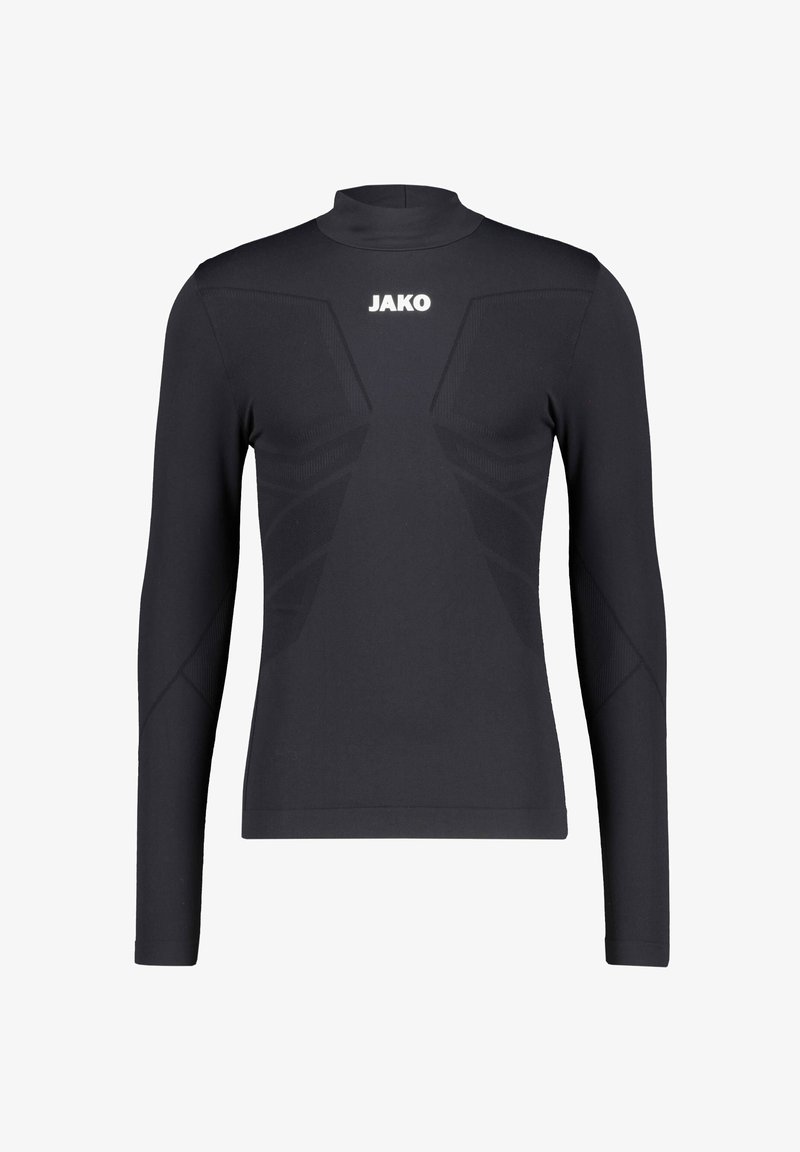 Schwarzes langärmeliges Sportoberteil aus elastischem Material. Verfügt über einen hohen Kragen und ein strukturiertes Muster an Schultern und Seiten. JAKO-Logo in Weiß.