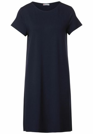 Robe bleu marine à manches courtes, longueur genou, avec un col rond, une coupe droite, sans motifs ni ornements visibles.