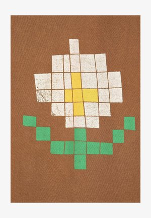 Fleur en style pixelisé avec des pétales blancs, un centre jaune et une tige verte avec des feuilles sur un fond de tissu marron.
