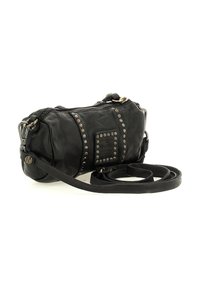 Borsa a tracolla in pelle nera con forma arrotondata, caratterizzata da dettagli con borchie e chiusura con zip. Include una tracolla rimovibile.
