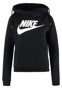 Mustapaita, jossa on suuri valkoinen Nike-logo ja swoosh rinnassa, hoodi, jossa on nyörit ja etutaskut.