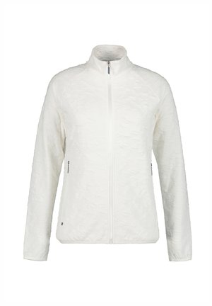 Witte zip-up jas met gestructureerd patroon, staande kraag en twee zijzakken. Heeft lange mouwen en een getailleerd ontwerp.