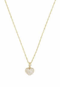 Collana d'oro con catena attorcigliata e pendente a forma di cuore. Il pendente presenta una superficie di piccoli cristalli trasparenti.