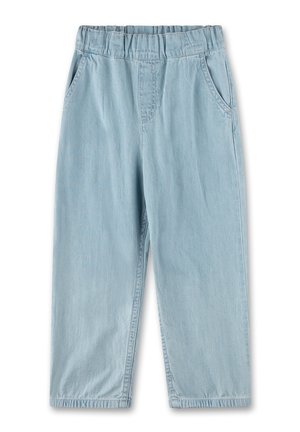 Light blue elastic waist denim pants for children with side pockets and straight legs.