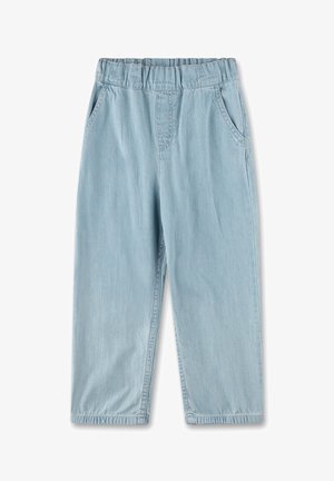 Pantaloni in denim con vita elastica azzurro chiaro per bambini, con tasche laterali e gambe dritte.
