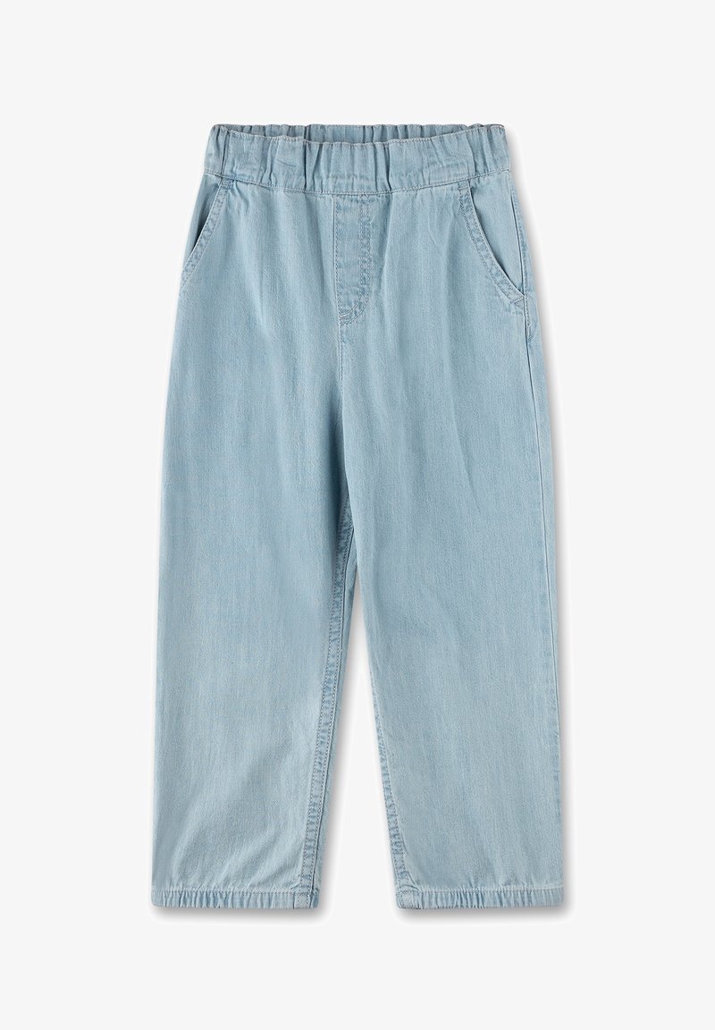 Pantalon en jean bleu clair pour enfants avec taille élastique, poches latérales et jambes droites.