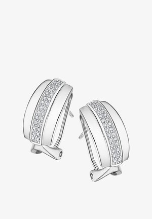 Boucles d'oreilles en argent en forme de hoops avec une rangée centrale de petites pierres précieuses transparentes, au design épuré, finition polie et fermoir à tige sécurisé.