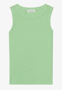 Lys grøn, ribbet tanktop med rund halsudskæring og uden ærmer. Har en lige kant og subtile syninger.