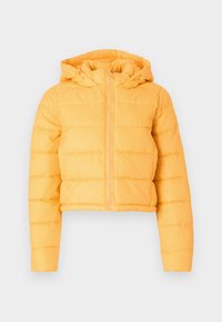 Veste cropped en duvet jaune avec capuche, présentant des sections matelassées verticales et une fermeture éclair à l'avant. Texture de tissu douce.