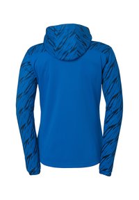 Blå hættejakke med lange ærmer. Kroppen er ensfarvet blå, mens ærmerne og hætten har et sort abstrakt mønster. Glat tekstur.