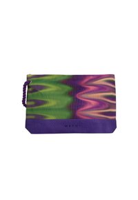 Bustina multicolore con un motivo astratto verde e viola, realizzata in morbido tessuto con una base viola e manico in corda intrecciata.