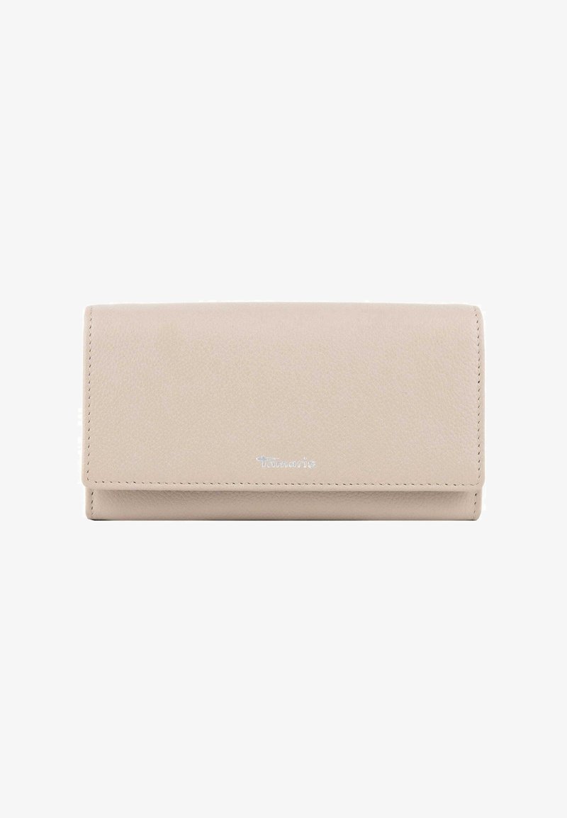 Portefeuille rectangulaire en cuir beige avec fermeture à rabat et petit logo métallique de la marque au centre avant.