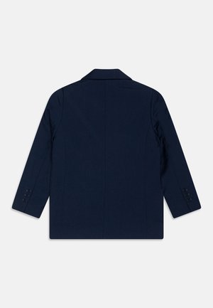 Marineblauer Blazer mit Reverskragen, langen Ärmeln und drei Knopf-Details an den Manschetten. Hergestellt aus strukturiertem Stoff. Rückansicht gezeigt.
