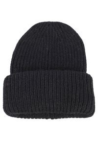 Berretto in maglia nera con trama a coste e bordo piegato. Realizzato in lana, presenta un design a forma arrotondata e non ha loghi o motivi visibili.