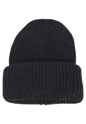 Berretto in maglia nera con trama a coste e bordo piegato. Realizzato in lana, presenta un design a forma arrotondata e non ha loghi o motivi visibili.
