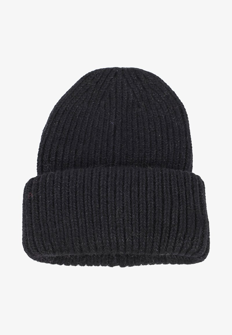 Berretto in maglia nera con trama a coste e bordo piegato. Realizzato in lana, presenta un design a forma arrotondata e non ha loghi o motivi visibili.