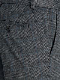 Pantalons gris à motif avec un design à carreaux et des accents bleus, confectionnés dans un tissu texturé. Comprend une poche latérale et un bouton de fermeture.