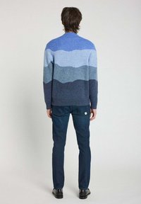 Pull en laine avec un dégradé horizontal de bleu clair à bleu foncé. Associé à un jean bleu foncé et des chaussures noires. Vue de dos.