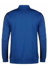 Blaues Langarm-Polohemd mit schwarzen seitlichen Akzenten, aus glattem Stoff. Verfügt über einen Kragen und gerippte Bündchen. Einfaches Design, keine Muster.