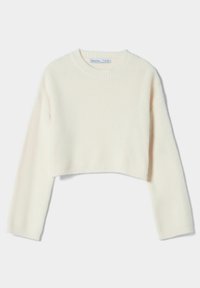 Gekürzter Pullover aus weichem, cremefarbenem Stoff mit langen Ärmeln, geripptem Hals- und Saumabschluss und einer glatten, strukturierten Oberfläche.