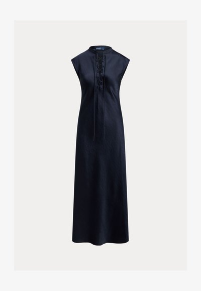 Robe bleu marine sans manches avec un col montant, dotée d'un détail à lacets à l'avant et d'une silhouette longue et droite. Texture lisse.