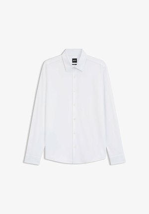 Witte blouse met lange mouwen en knopen, met een kraag en een merklabel aan de binnenkant van de hals.