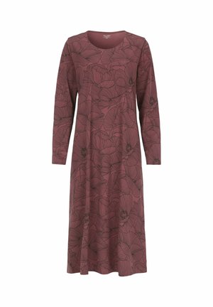 Langærmet kjole i burgundy med blomsterprint i sort kontur. A-linje design, rund halsudskæring, blødt stof, knælang.