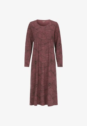 Pitkät hihat, viininpunainen mekko, jossa on musta ääriviivapainatus kukista. A-linjainen malli, pyöreä pääntie, pehmeä kangas, polven pituinen.