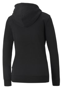 Svart strak hoodie med ett mjukt, texturerat tyg. Har långa ärmar och en ribbad fåll, och visar upp en minimalistisk design.