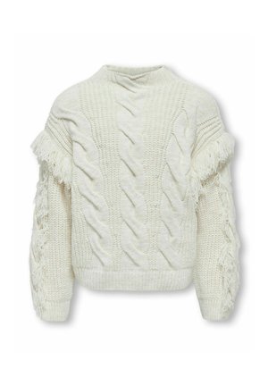 Valkoinen neulepaita, jossa on kirjontakuvio ja fringetty olkapäätyytys. Rakenteellinen kangas rento istuvuus ja korkea pääntie.